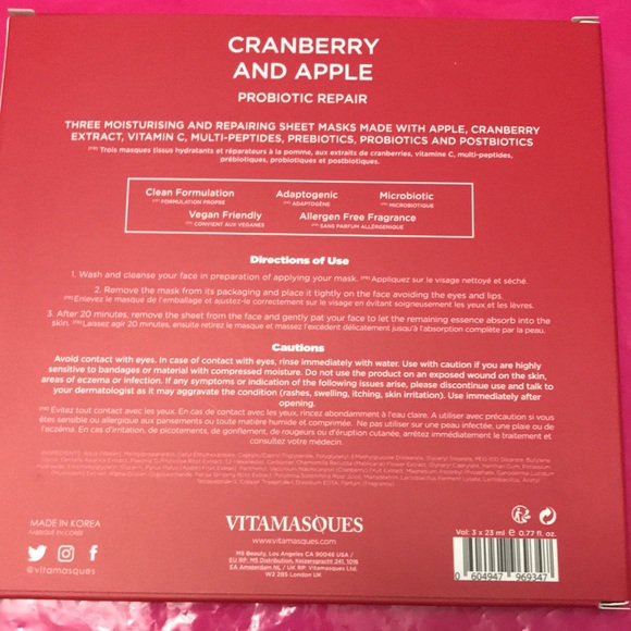 Vitamasques Cranberry & Apple Priobiotic Repair NEW 3 sheet masks - Picture 4 of 6